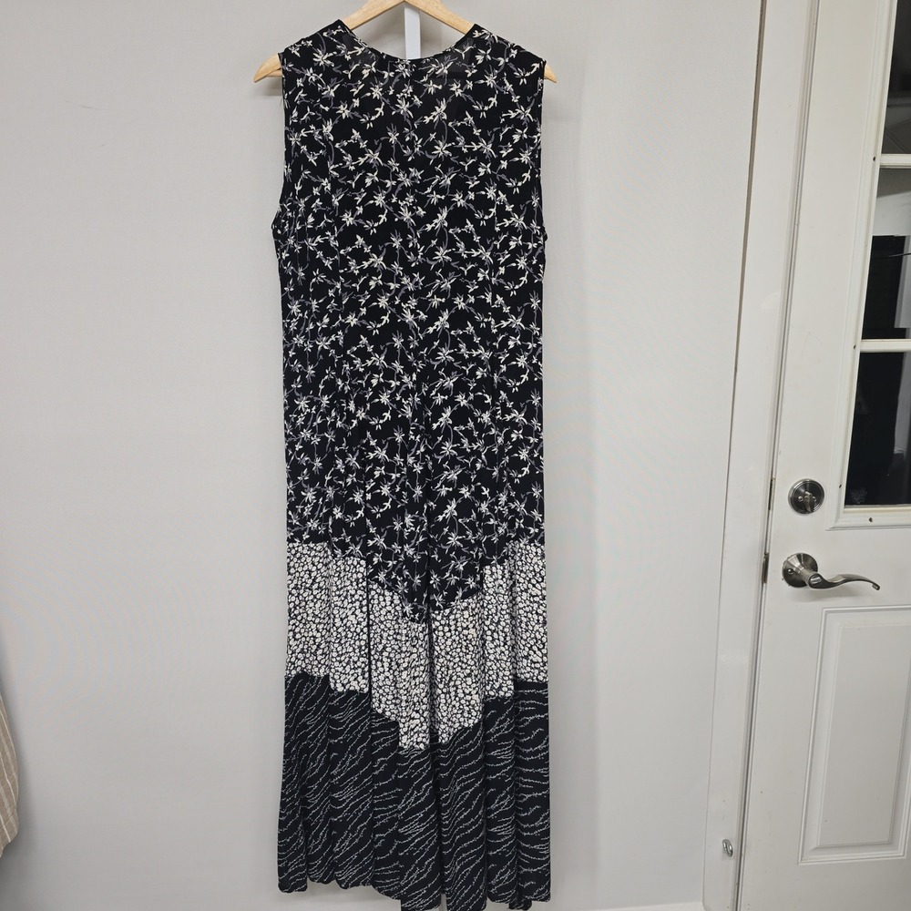 Olivia Vintage Black White Mixed Floral Chevron Sleeveless Rayon Maxi Dress M - Picture 2 of 6